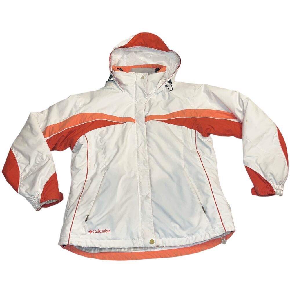 Columbia Jacket Womens Medium White Orange Ski Hooded Winter Outdoor Gorpcore